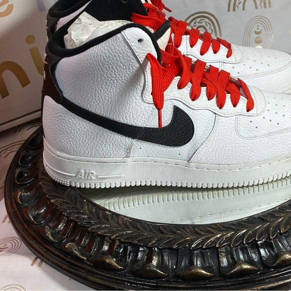 Air Force Ones Nike White and Black Athletic Shoes with Red Accents main image 5